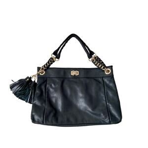 Ann Taylor Black Leather Shoulder Bag Tassels Gold Hardware